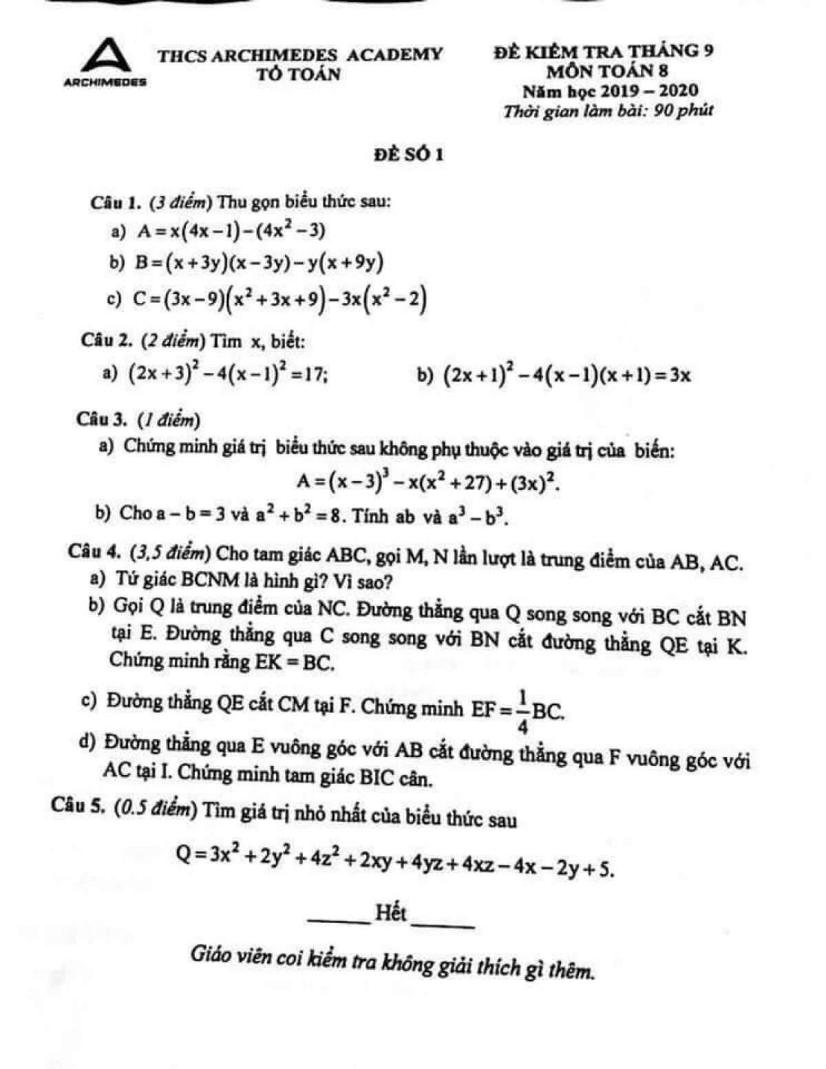Đề kiểm tra tháng 9 - đề số 1 môn Toán lớp 8 Trường THCS Archimedes năm 2019