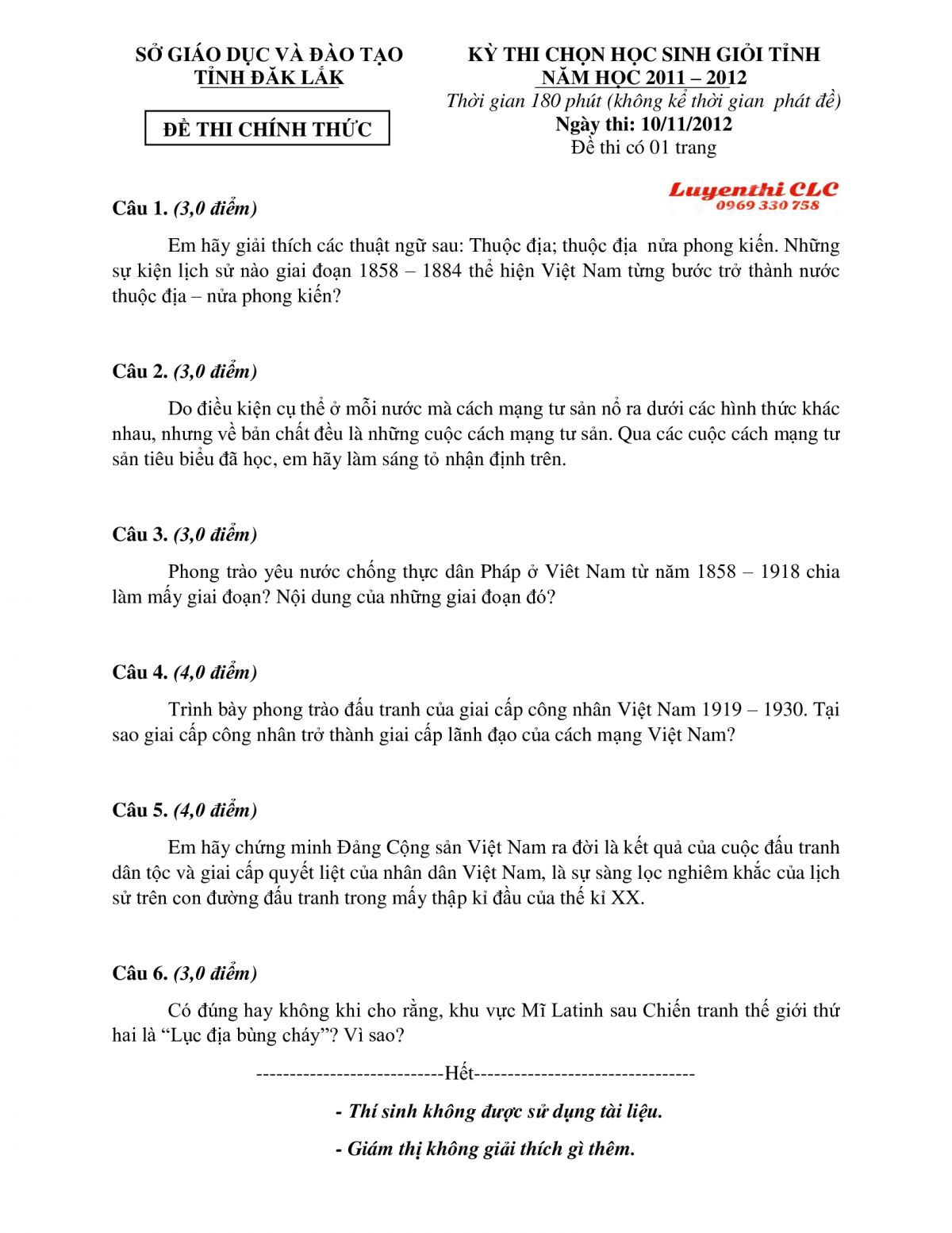 Đề thi HSG cấp tỉnh m&ocirc;n Lịch Sử tỉnh Đắk Lắk năm 2012