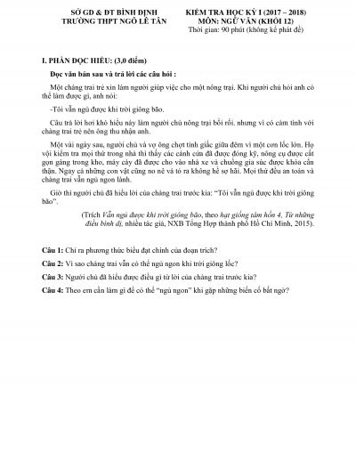 Đề kiểm tra học kì I và đáp án môn Ngữ Văn lớp 12 Trường THPT Ngô Lê Tân, Bình Định năm 2018