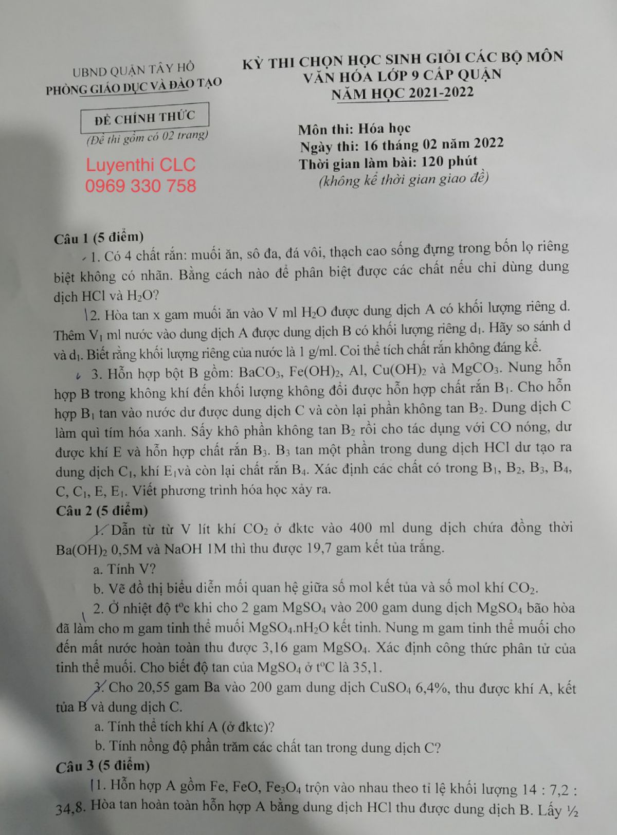 Đề thi HSG m&ocirc;n Ho&aacute; học quận T&acirc;y Hồ- th&agrave;nh phố H&agrave; Nội năm 2022