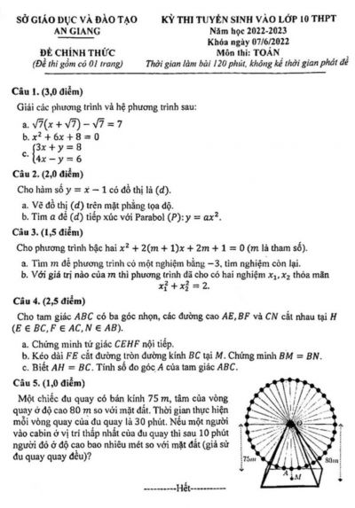 Đề thi tuyển sinh vào lớp 10 THPT môn Toán tỉnh An Giang năm 2022