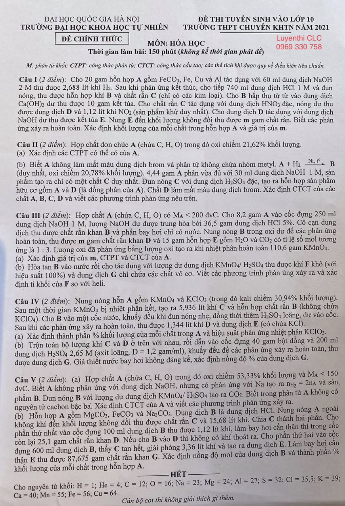 Tuyển tập đề thi tuyển sinh v&agrave;o lớp 10 Trường THPT CHUY&Ecirc;N KHTN m&ocirc;n H&oacute;a Học qua c&aacute;c năm