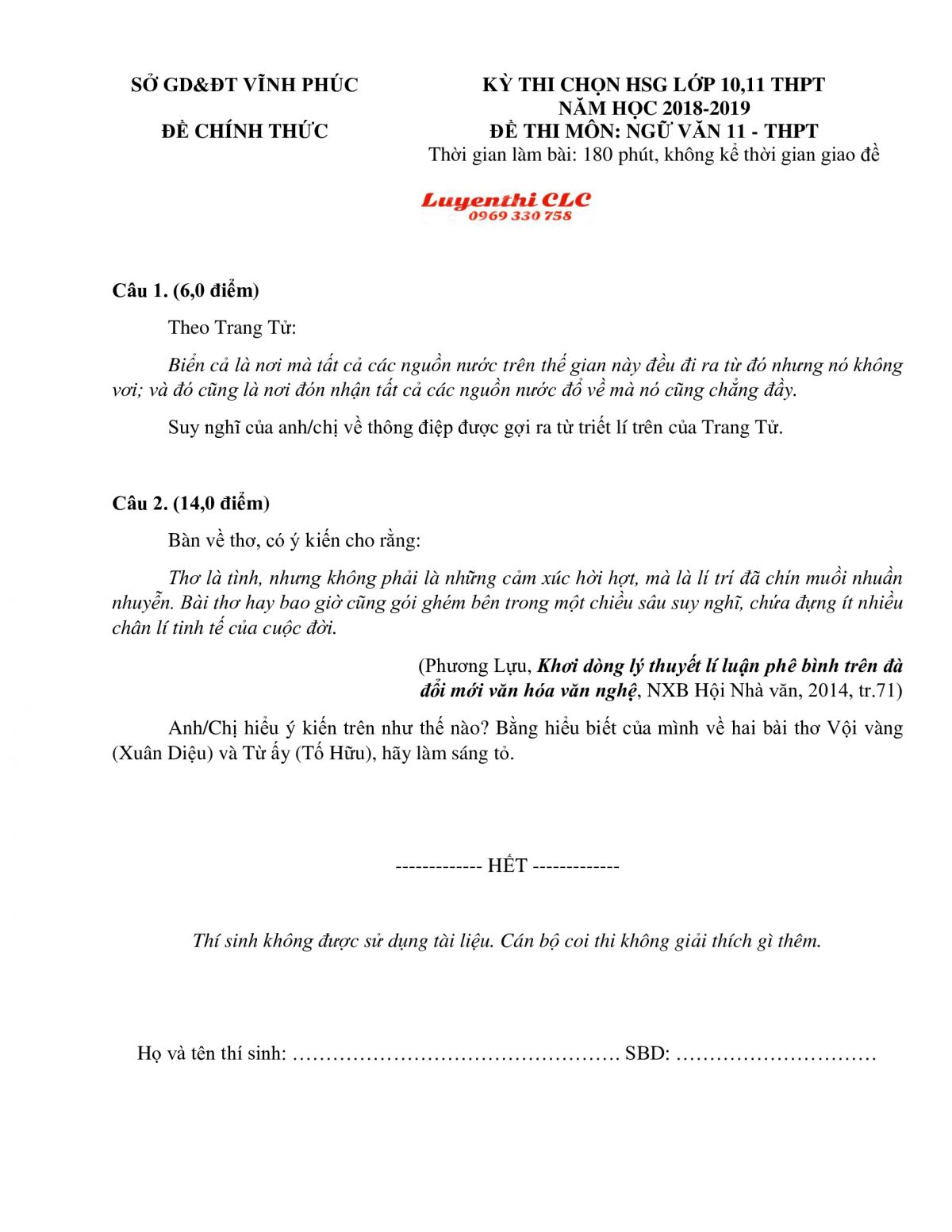 Đề thi chọn HSG m&ocirc;n Ngữ Văn lớp 11 THPT tỉnh Vĩnh Ph&uacute;c năm 2018