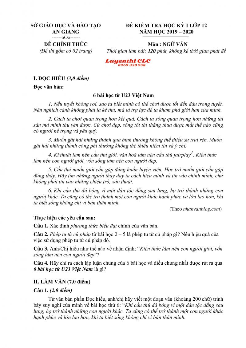 Đề kiểm tra học k&igrave; I lớp 12 m&ocirc;n Ngữ Văn tỉnh An Giang năm 2019