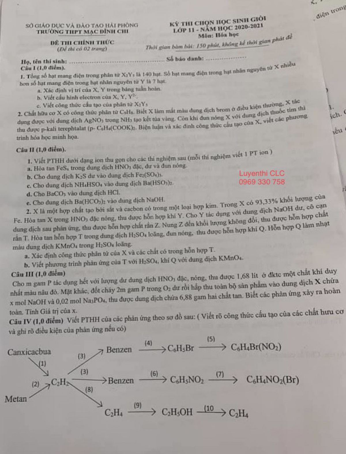 Đề thi chọn HSG v&agrave; đ&aacute;p &aacute;n m&ocirc;n H&oacute;a Học lớp 11 Trường THTP Mạc Đĩnh Chi, th&agrave;nh phố Hồ Ch&iacute; Minh năm 2021