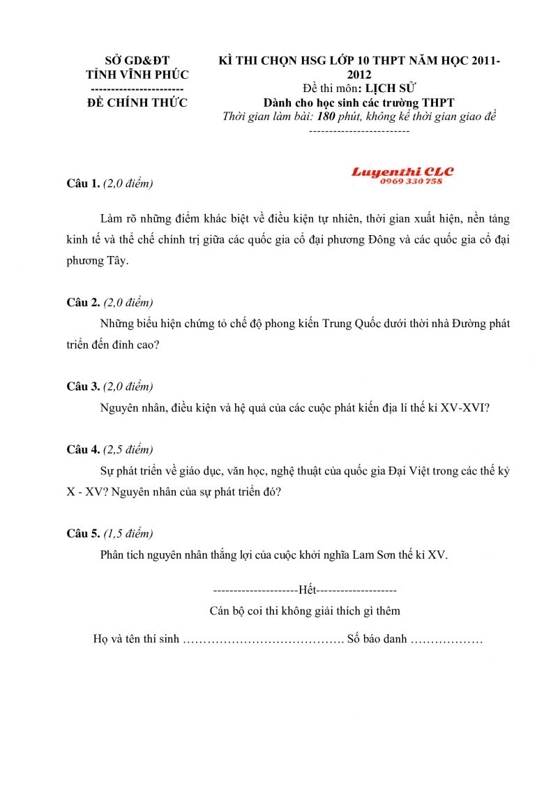 Đề thi chọn HSG lớp 10 THPT v&agrave; đ&aacute;p &aacute;n m&ocirc;n Lịch Sử tỉnh Vĩnh Ph&uacute;c năm 2012