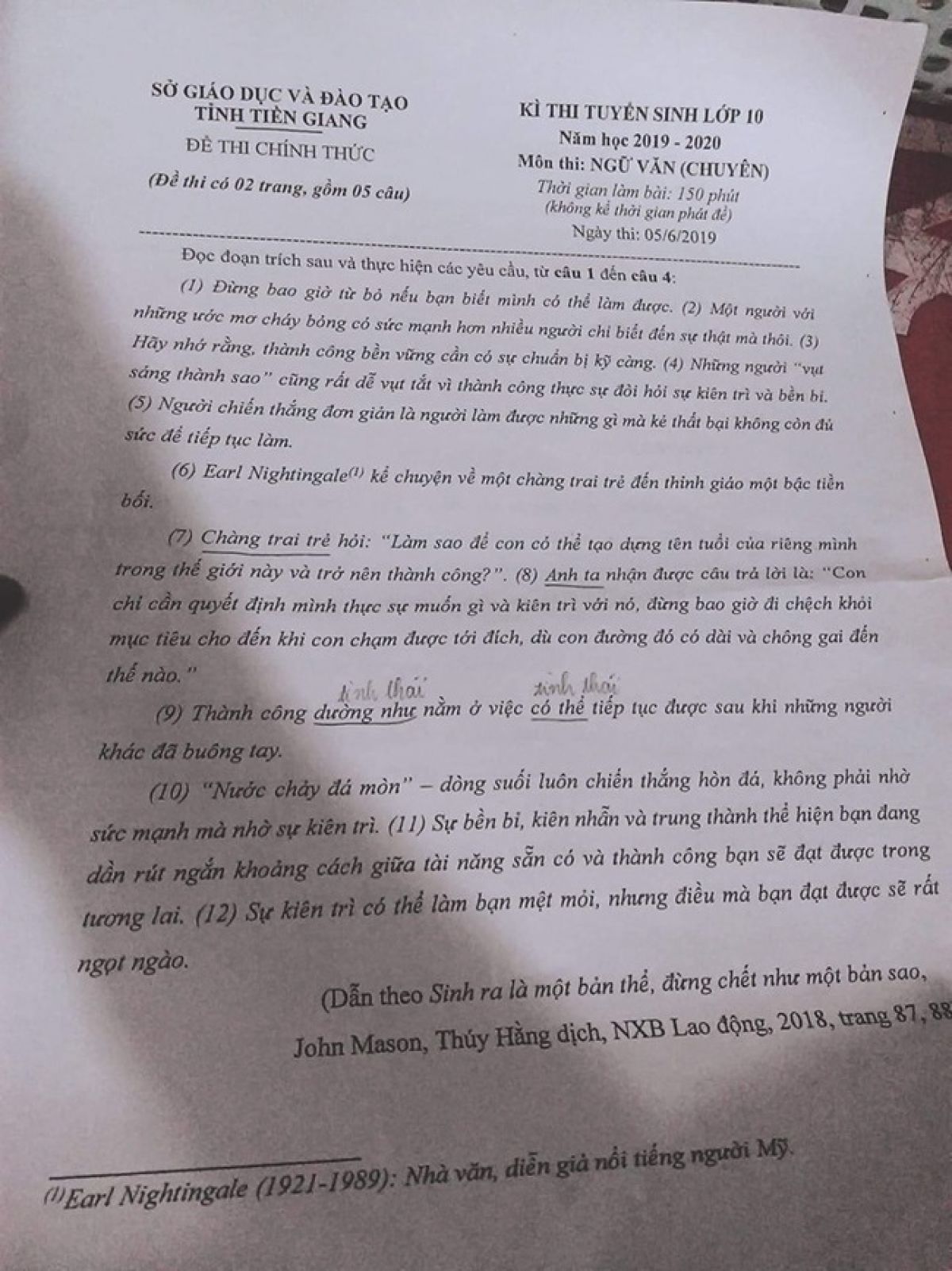 Đề thi tuyển sinh v&agrave;o lớp 10 THPT CHUY&Ecirc;N m&ocirc;n Ngữ Văn tỉnh Tiền Giang năm 2019