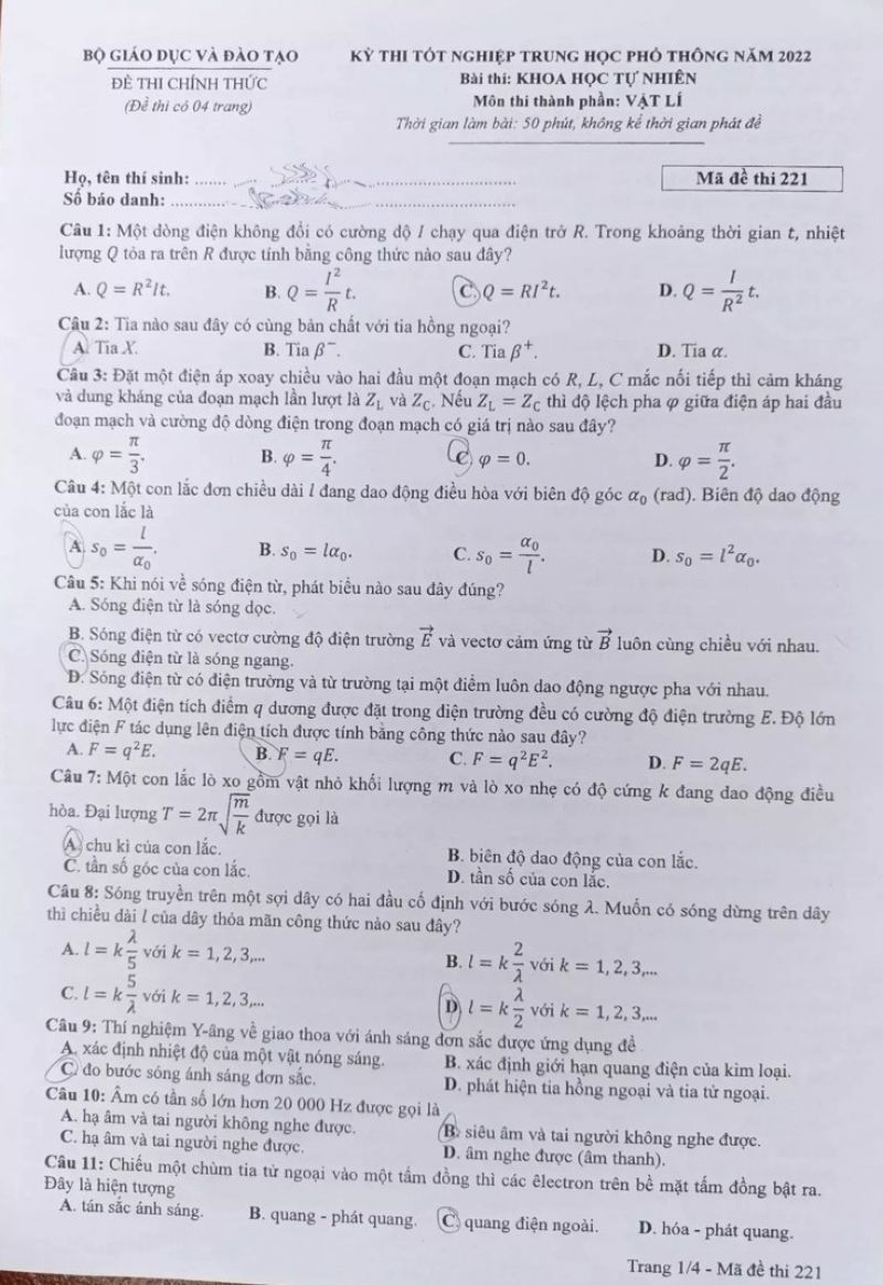 Đề thi tốt nghiệp THPT Quốc Gia môn Vật Lí năm 2022, Mã đề 221