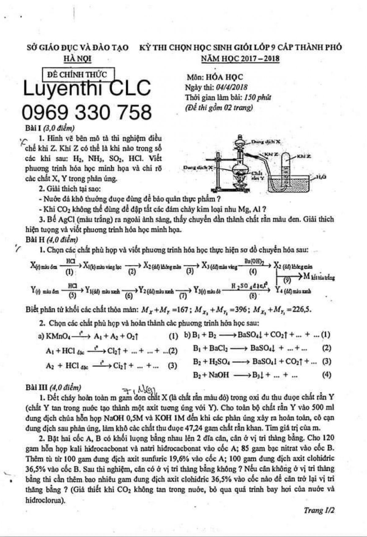 Đề thi chọn HSG lớp 9 cấp th&agrave;nh phố m&ocirc;n H&oacute;a Học tại H&agrave; Nội năm 2018