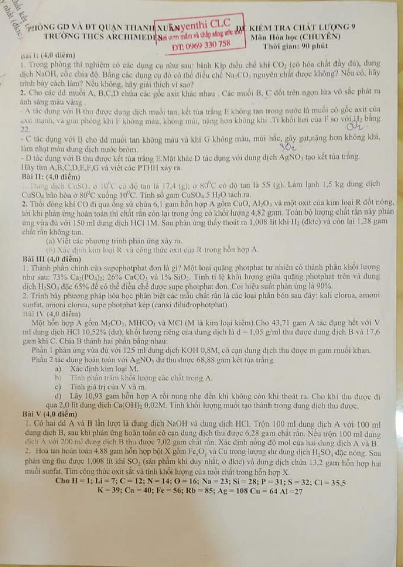 Đề kiểm tra chất lượng môn Hóa (chuyên) lớp 9 Trường THCS ARCHIMEDER quận Thanh Xuân, Hà Nội