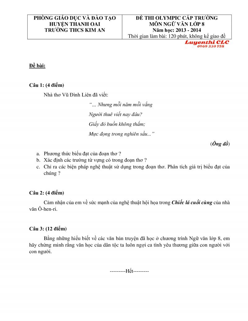Đề thi OLYMPIC m&ocirc;n Ngữ Văn lớp 8 Trường THCS Kim An huyện Thanh Oai, H&agrave; Nội năm 2014