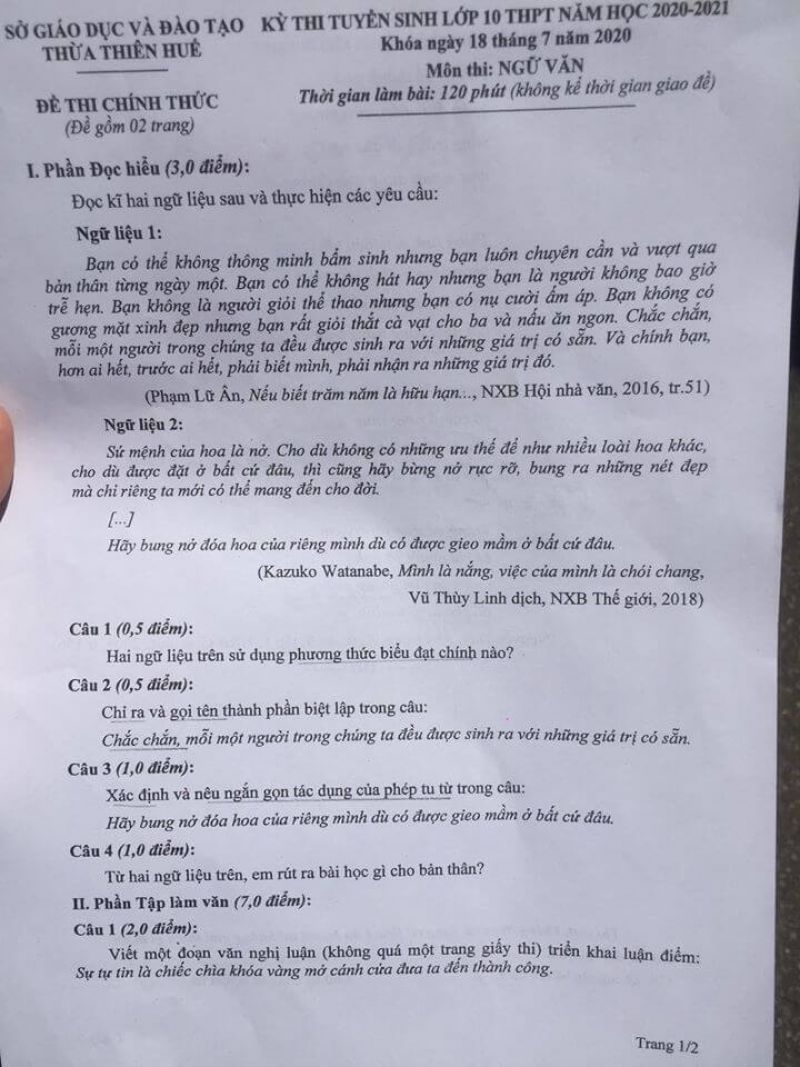 Đề thi tuyển sinh vào lớp 10 THPT môn Ngữ Văn tại Thừa Thiên Huế năm 2020