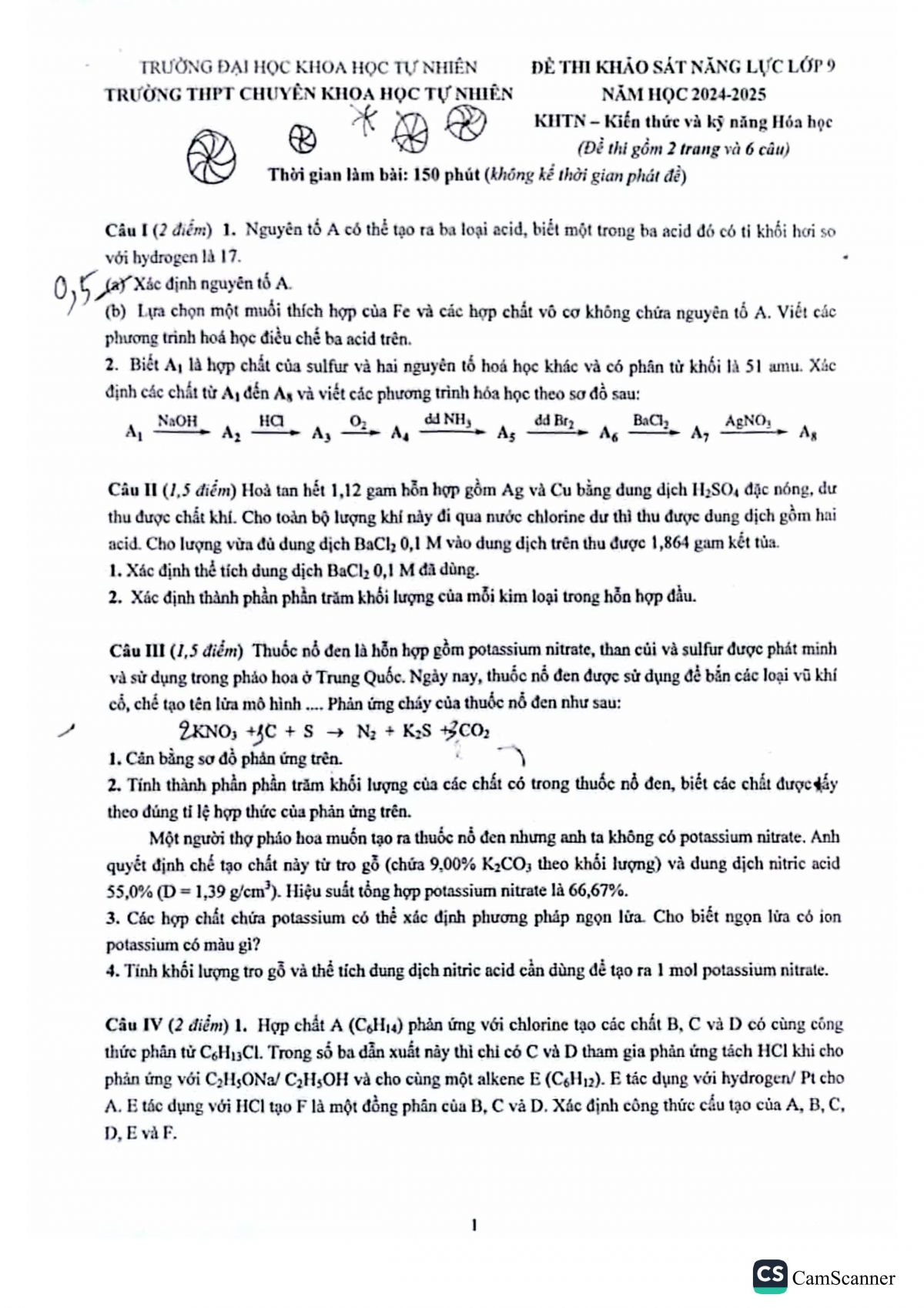 Đề khảo s&aacute;t năng lực m&ocirc;n H&oacute;a lớp 9 - THPT Chuy&ecirc;n KHTN năm 2024-2025