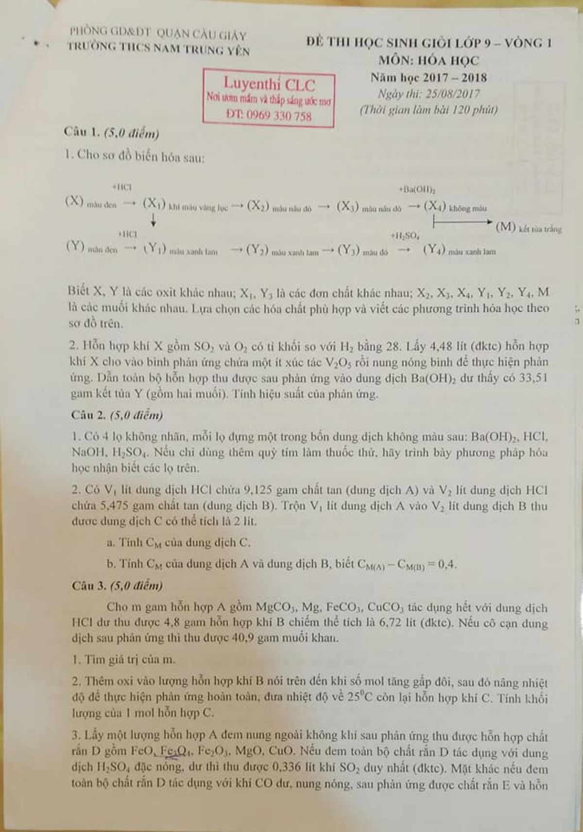 Đề thi HSG lớp 9 v&ograve;ng 1 m&ocirc;n H&oacute;a học quận Cầu Giấy năm 2017