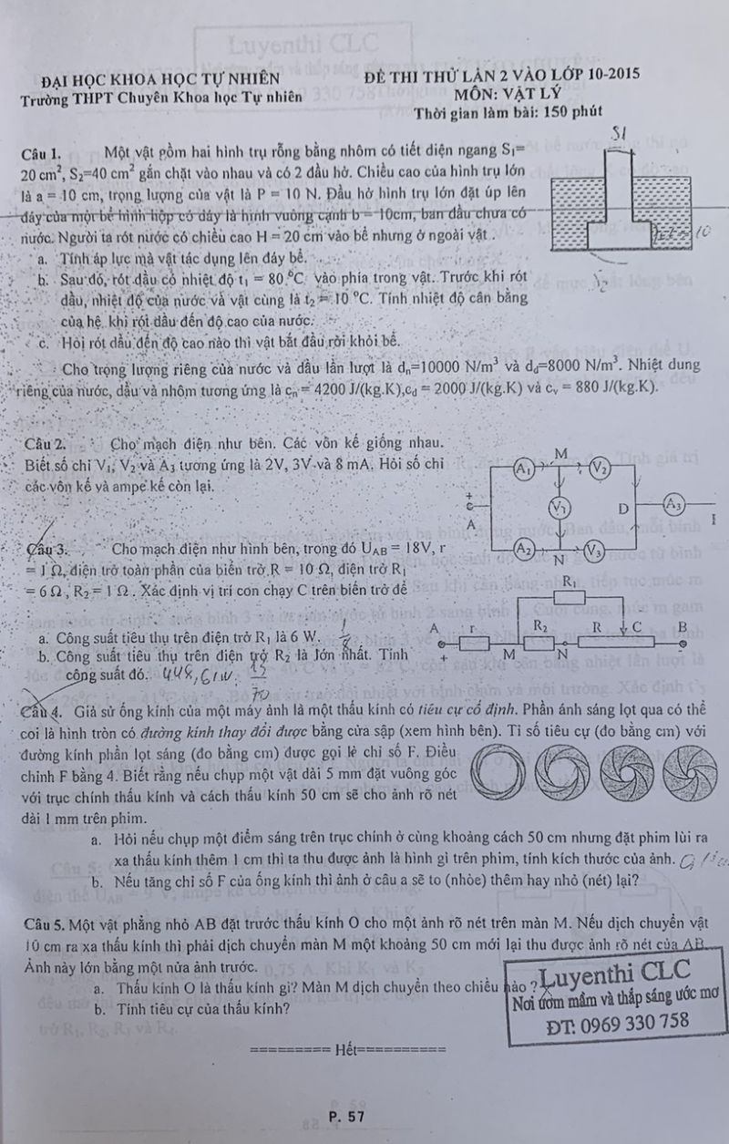 Đề thi thử lần 2 vào lớp 10 môn Vật Lí Trường THPT CHUYÊN KHTN năm 2015