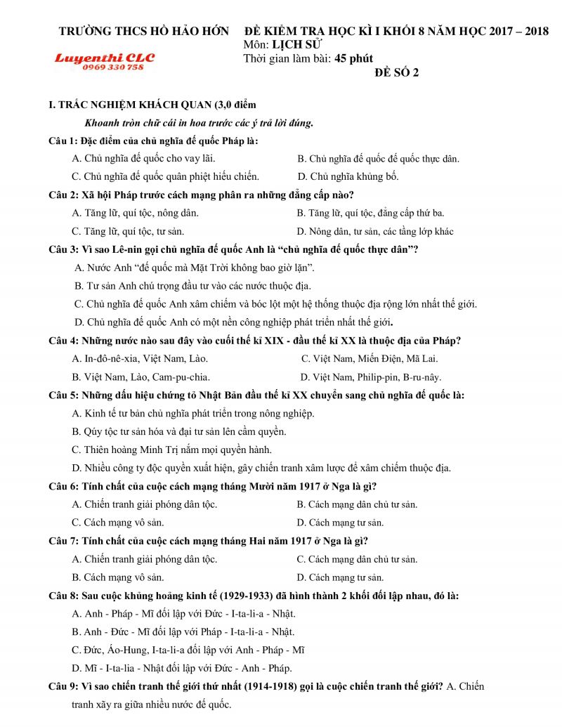 Đề kiểm tra học kì I môn Lịch Sử lớp 8 Trường THCS Hồ Hảo Hớn, tỉnh Bến Tre năm 2017