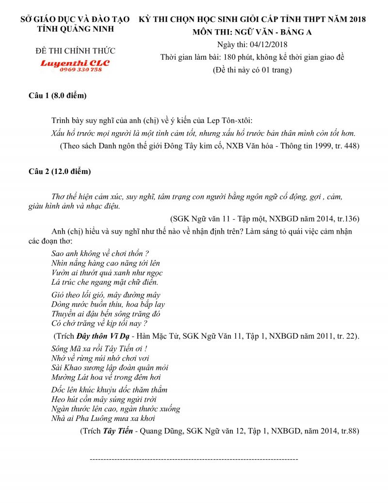 Đề thi chọn HSG THPT m&ocirc;n Ngữ Văn Bảng A tỉnh Quảng Ninh năm 2018