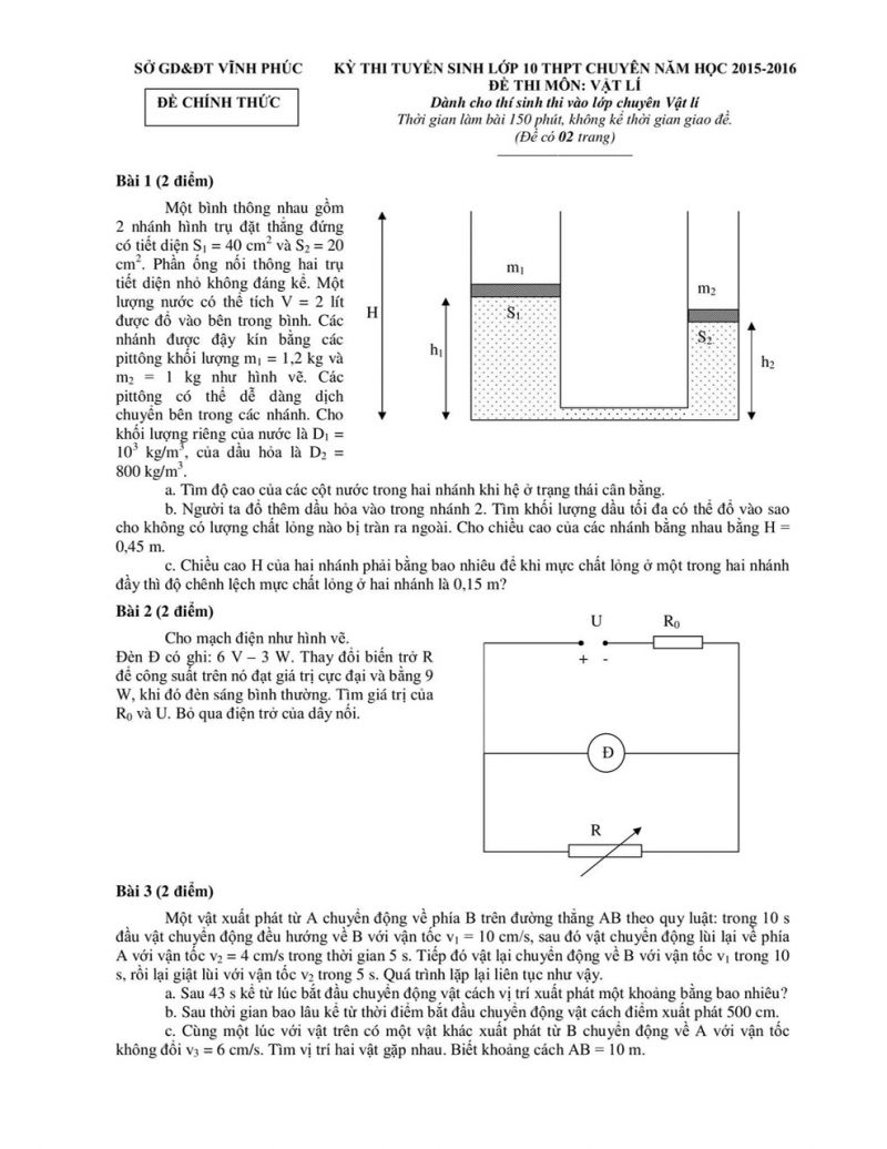 Đề thi tuyển sinh vào lớp 10 THPT Chuyên và đáp án môn Vật lý tỉnh Vĩnh Phúc năm 2015