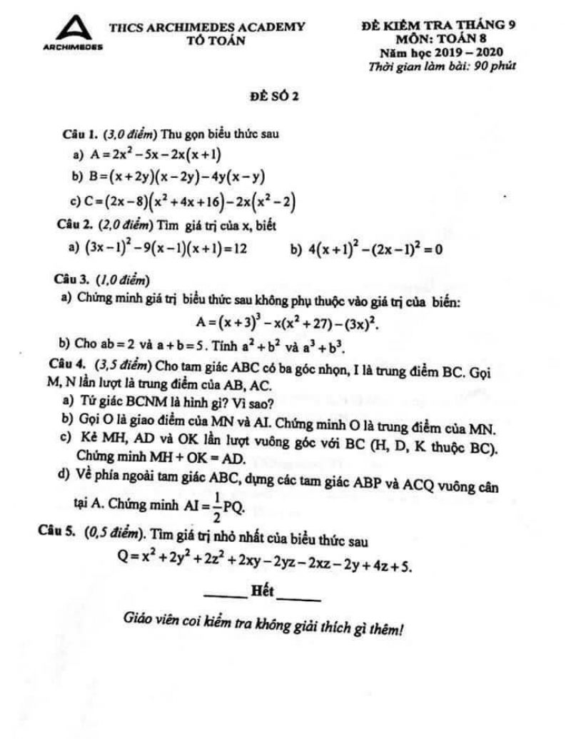 Đề kiểm tra tháng 9 - số 2 môn Toán lớp 8 Trường Archimedes Academy năm 2019
