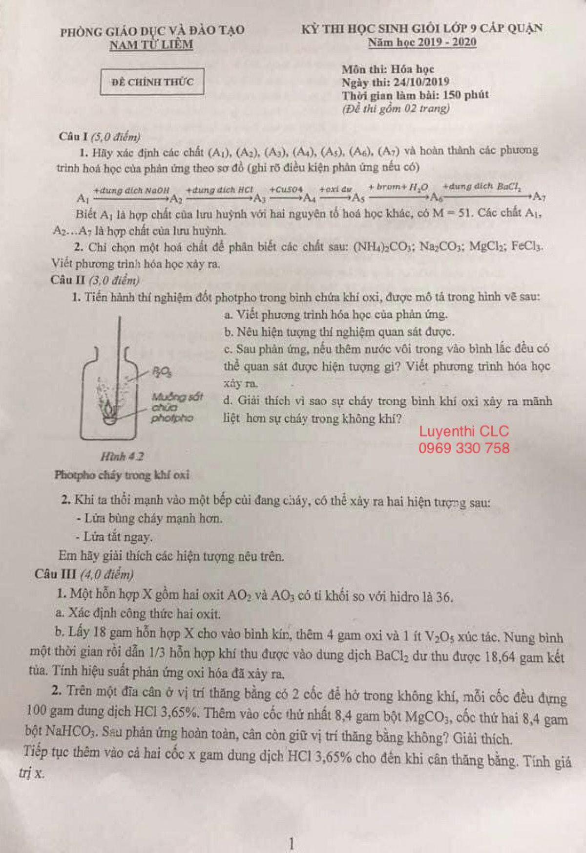 Đề thi chọn HSG lớp 9 cấp huyện môn Hóa Học Quận Nam Từ Liêm, thành phố Hà Nội năm 2019