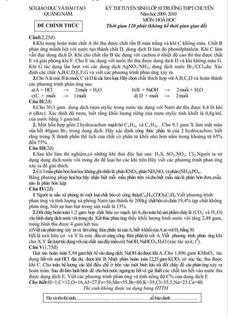 Đề thi tuyển sinh vào lớp 10 THPT CHUYÊN môn Hóa Học tỉnh Quảng Nam năm 2010