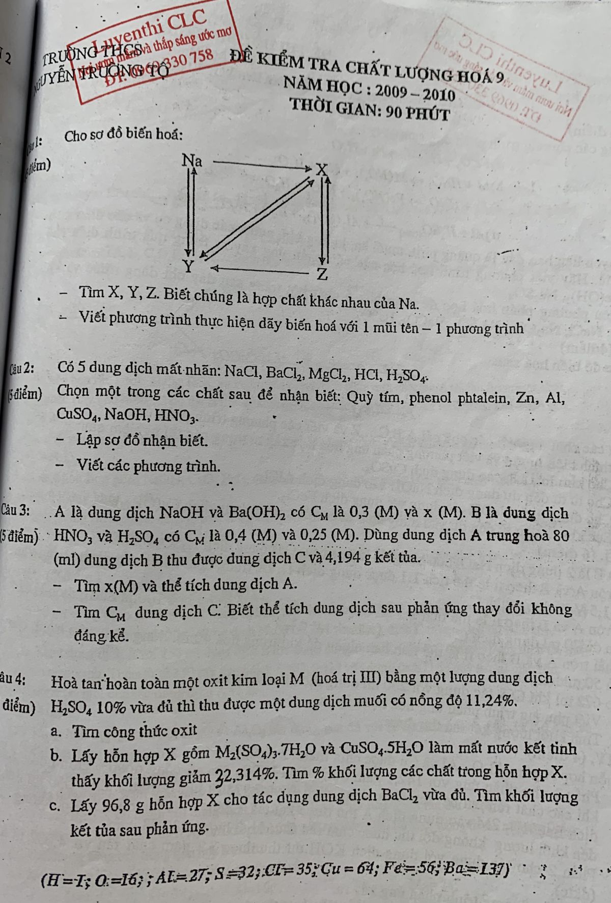 Đề thi HSG m&ocirc;n Ho&aacute;- trường THCS Nguyễn Trường Tộ,  năm 2009-2010
