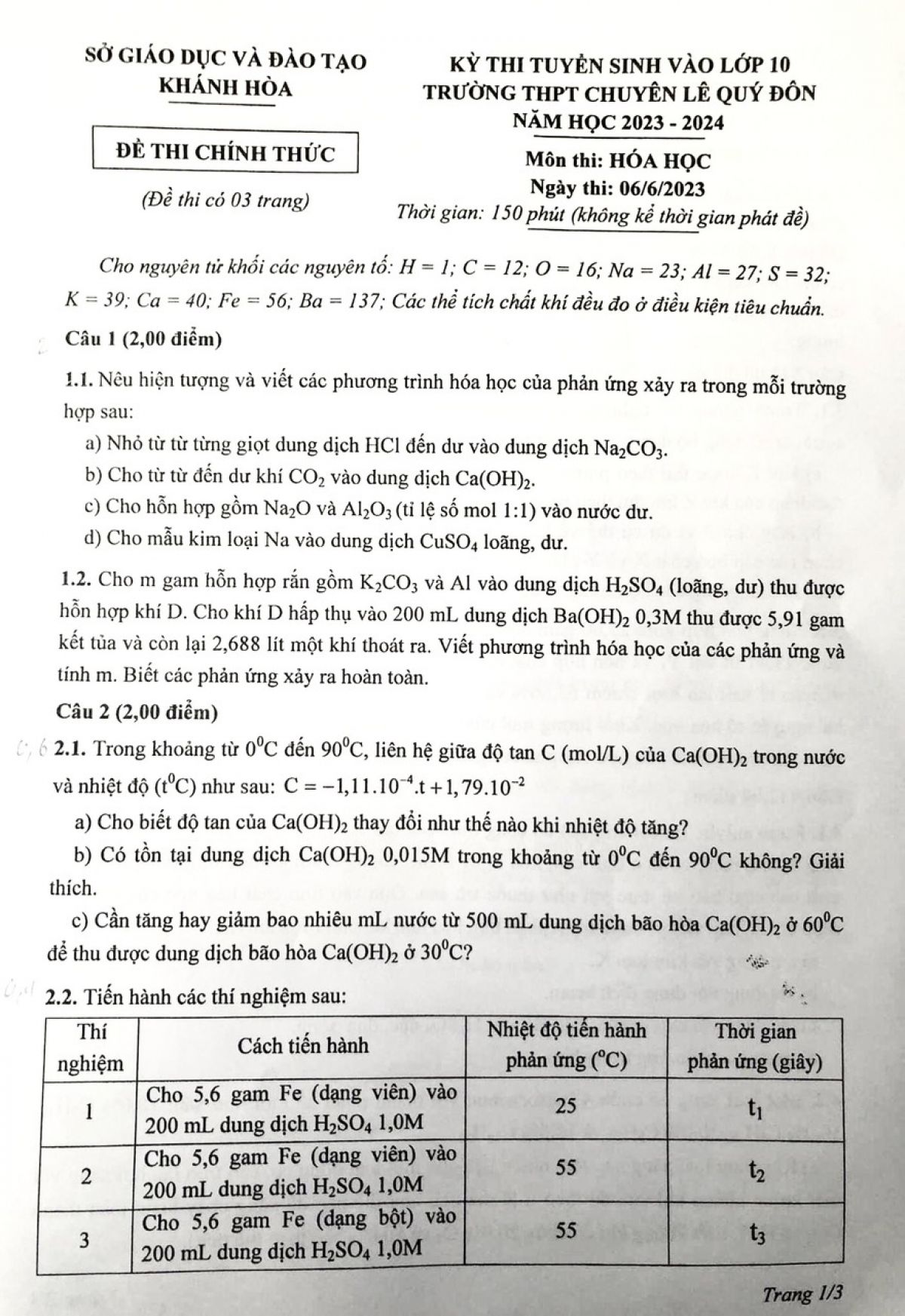 Đề thi tuyển sinh vào lớp 10 môn Hóa Học Trường THPT CHUYÊN Lê Quý Đôn tỉnh Khánh Hòa năm 2023