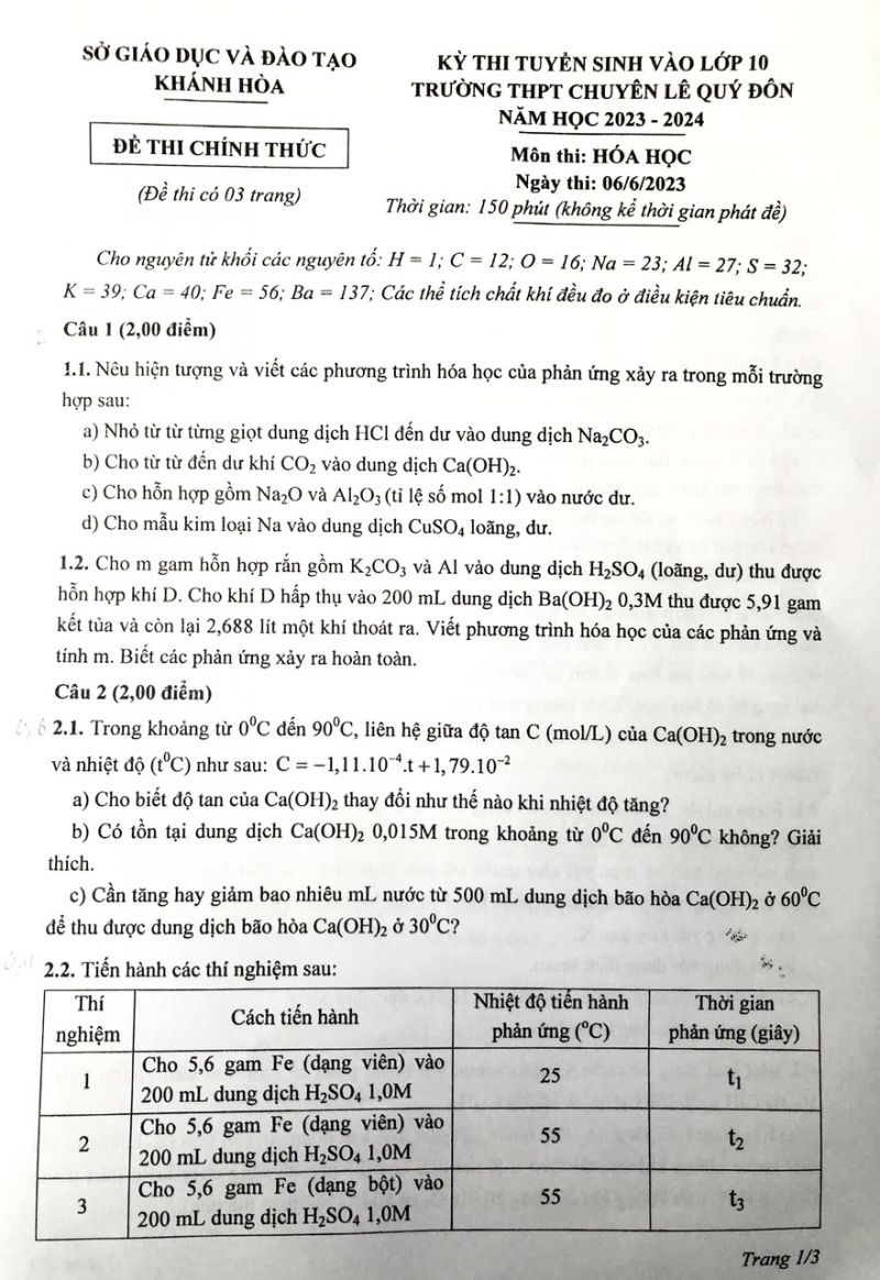 Đề thi tuyển sinh v&agrave;o lớp 10 m&ocirc;n H&oacute;a Học Trường THPT CHUY&Ecirc;N L&ecirc; Qu&yacute; Đ&ocirc;n tỉnh Kh&aacute;nh H&ograve;a năm 2023
