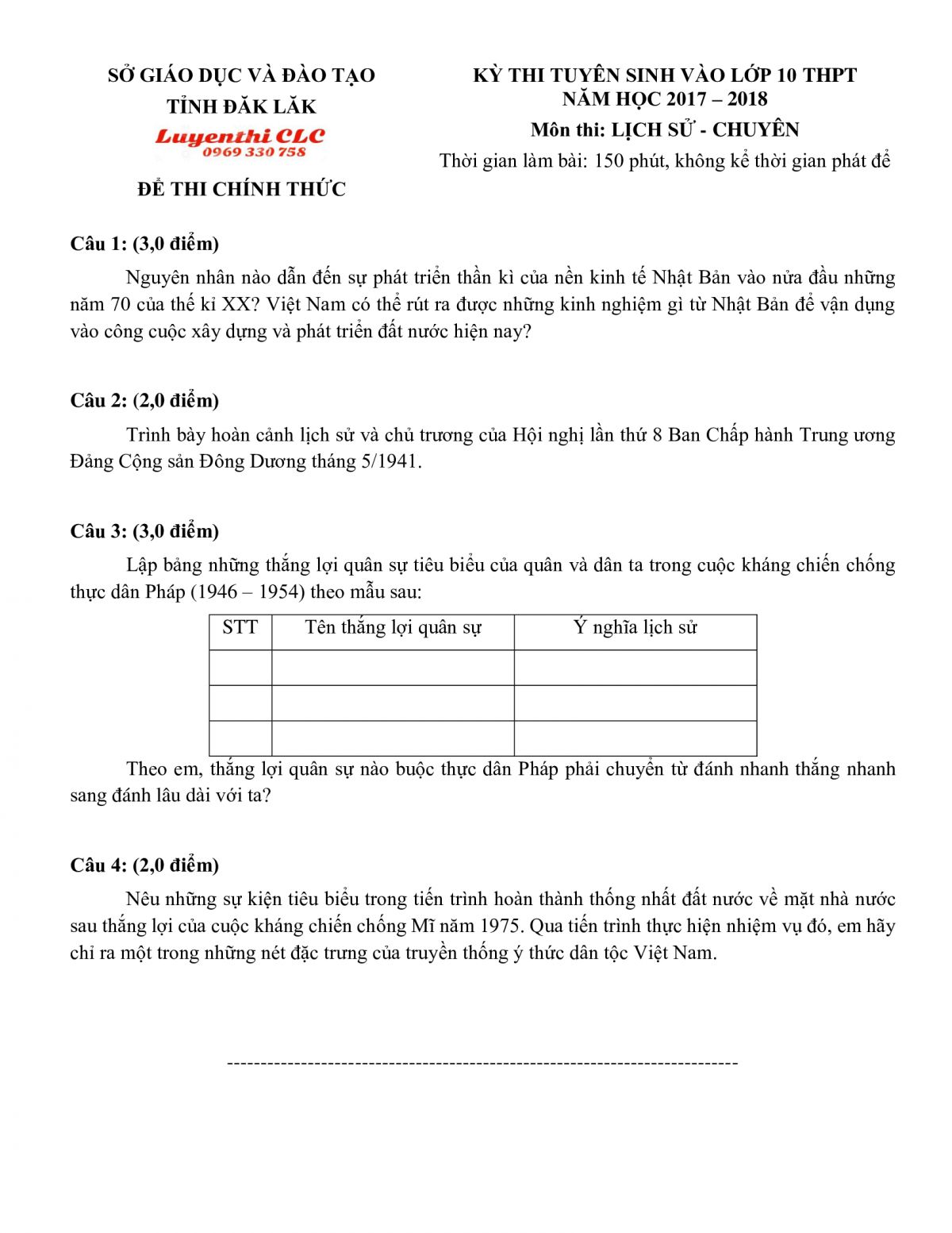 Đề thi tuyển v&agrave;o lớp 10 THPT m&ocirc;n Lịch Sử Chuy&ecirc;n tỉnh Đắk Lắk năm 2018
