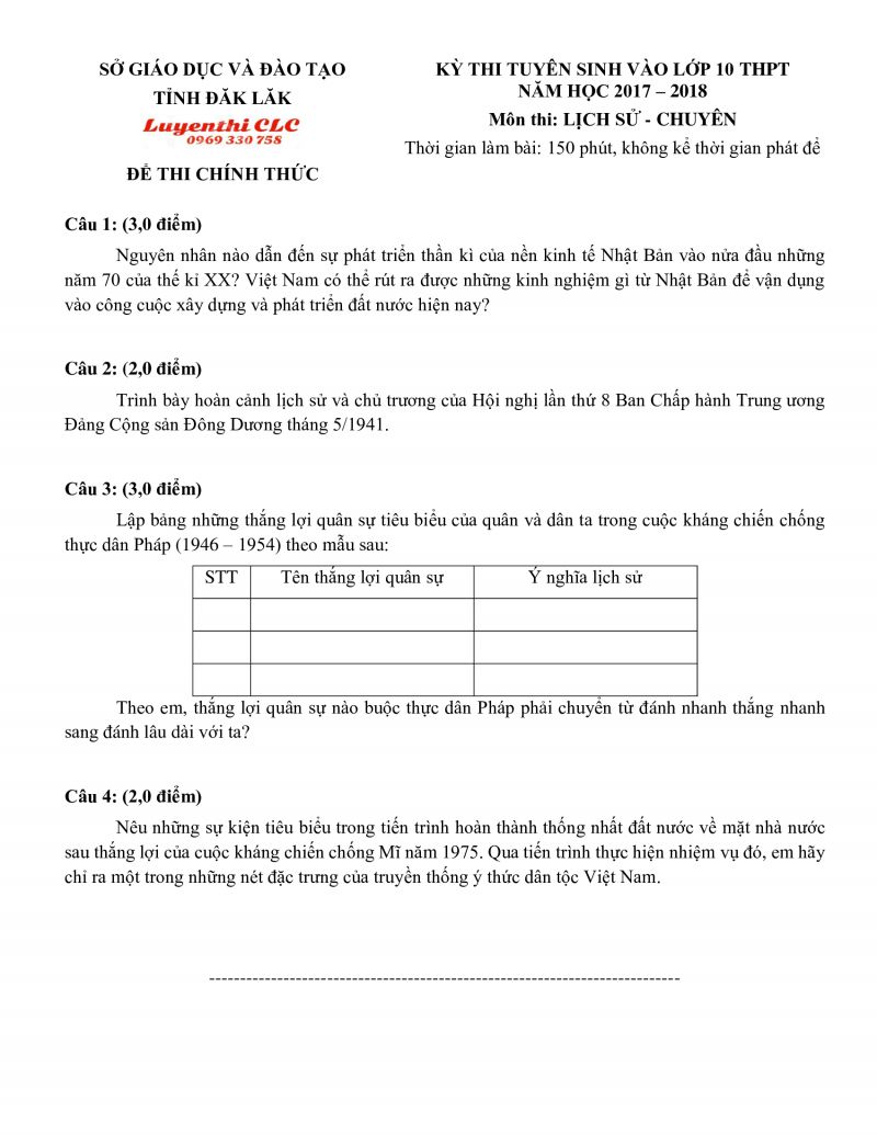 Đề thi tuyển vào lớp 10 THPT môn Lịch Sử Chuyên tỉnh Đắk Lắk năm 2018