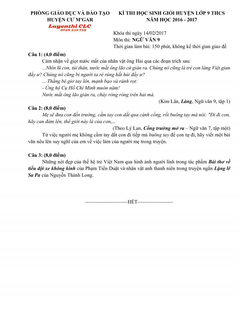 Đề thi chọn HSG huyện lớp 9 THCS m&ocirc;n Ngữ Văn huyện Cư M' Gar, tỉnh Đắk Lắk năm 2017