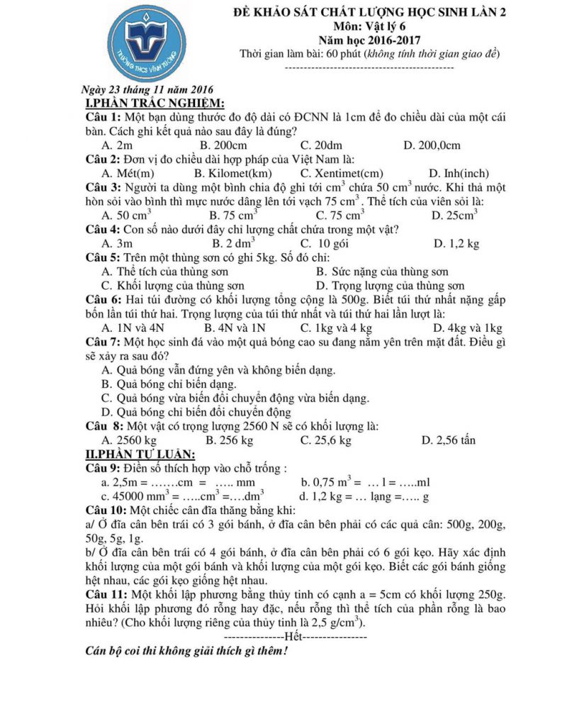 Đề khảo sát chất lượng học sinh và đáp án môn Vật lý 6 lần thứ hai, Trường THCS Vĩnh Tường năm 2016