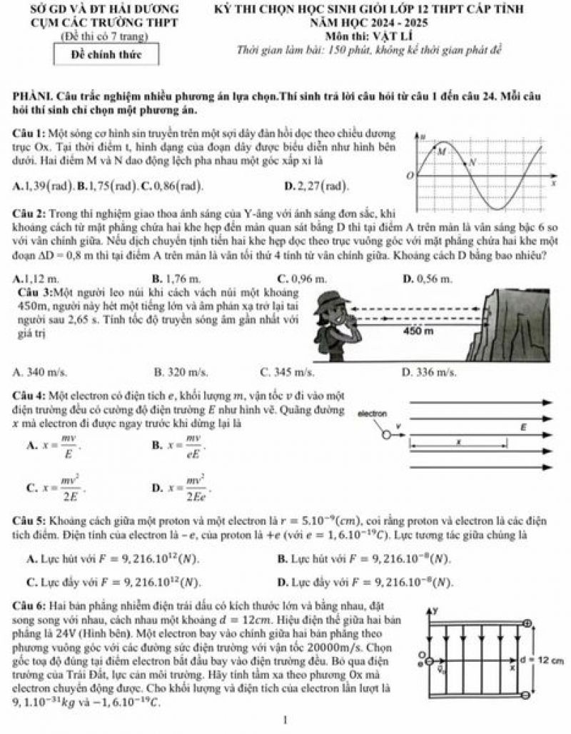 Đề thi chọn HSG lớp 12 THPT cấp tỉnh môn Vật lý năm 2024-2025 tỉnh Hải Dương