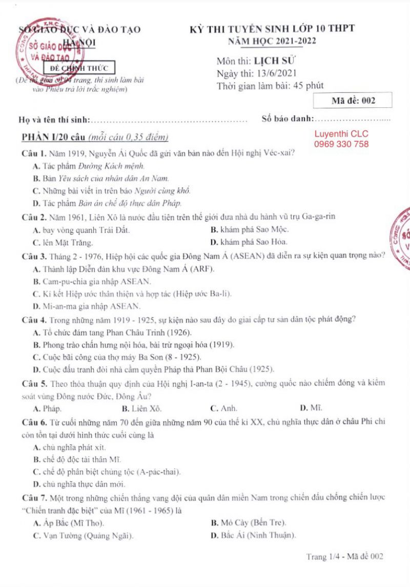 Đề thi tuyển sinh vào lớp 10 THPT và đáp án môn Lịch Sử tại Hà Nội năm 2021