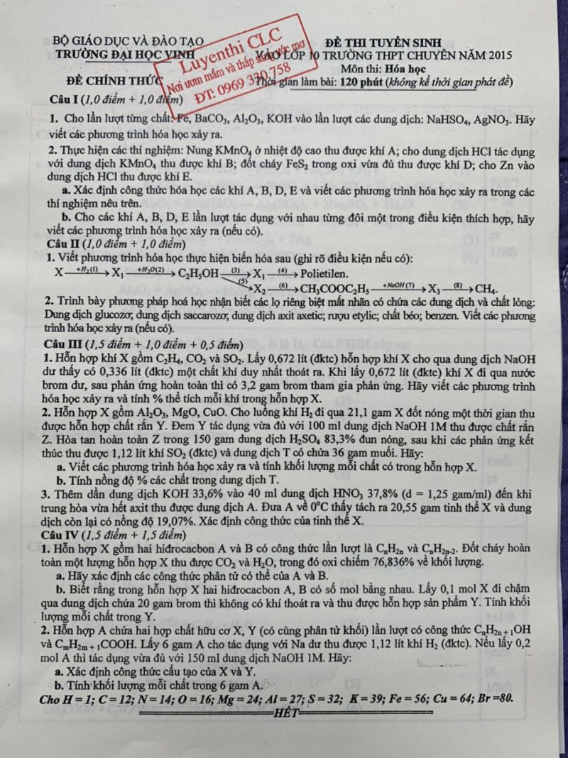 Đề thi tuyển sinh vào lớp 10 Trường THPT CHUYÊN và đáp án môn Hóa Học tại Vinh năm 2015