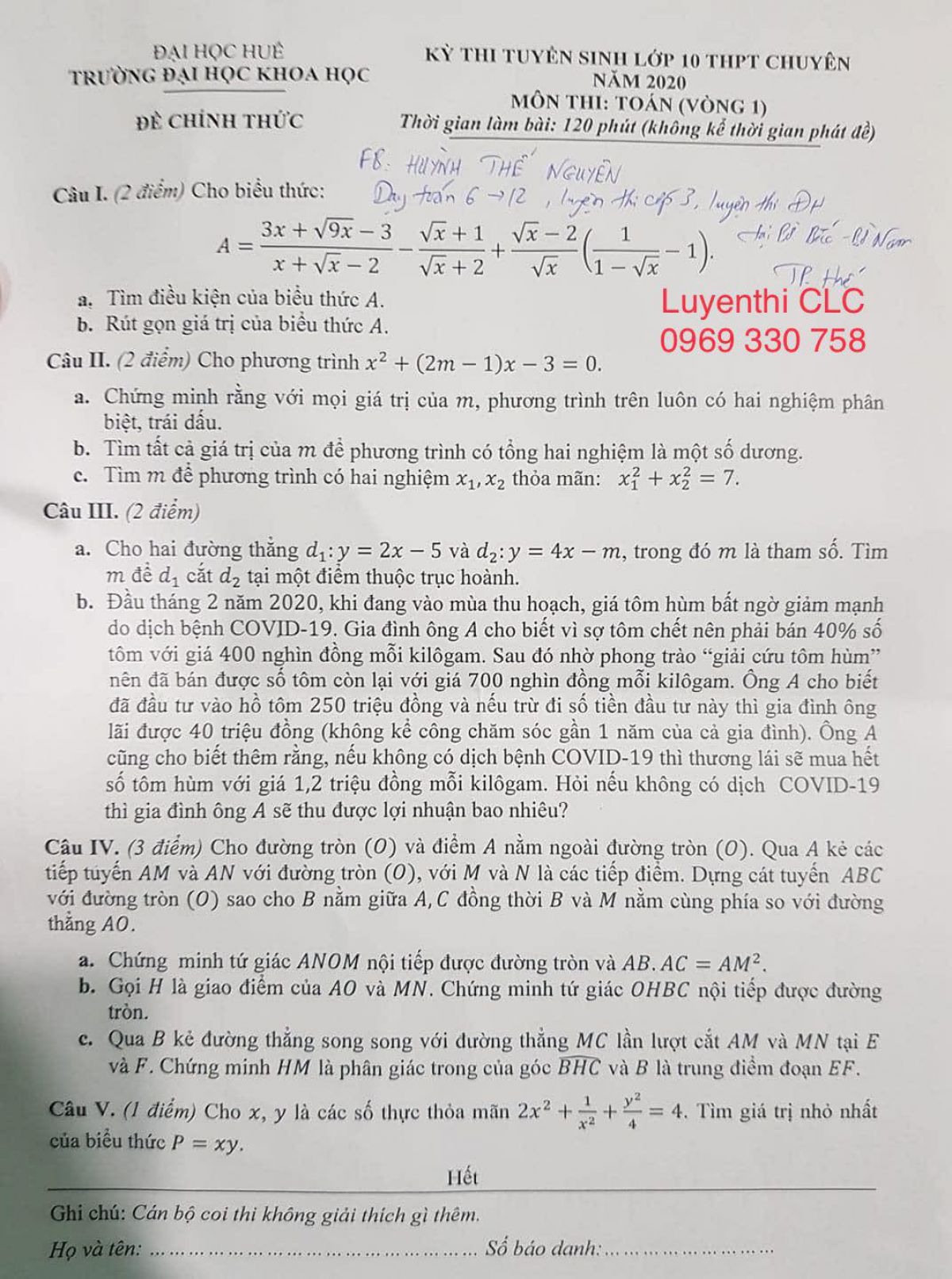 Đề thi tuyển sinh v&agrave;o 10 m&ocirc;n TO&Aacute;N THPT CHUY&Ecirc;N Trường Đại học Huế năm 2020