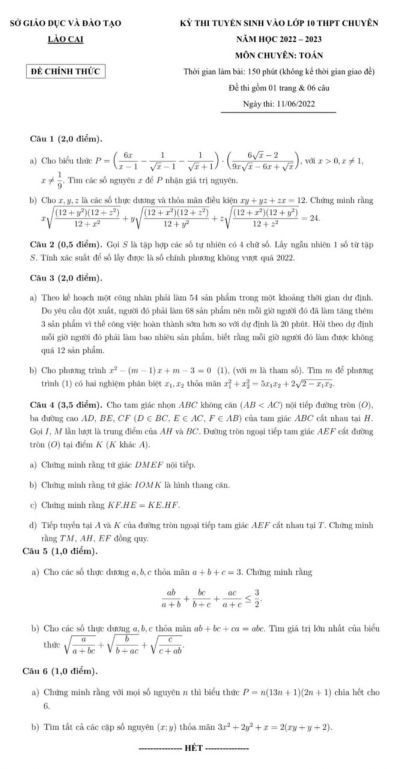 Đề thi tuyển sinh vào lớp 10 THPT môn Toán Chuyên tỉnh Lào Cai năm 2022