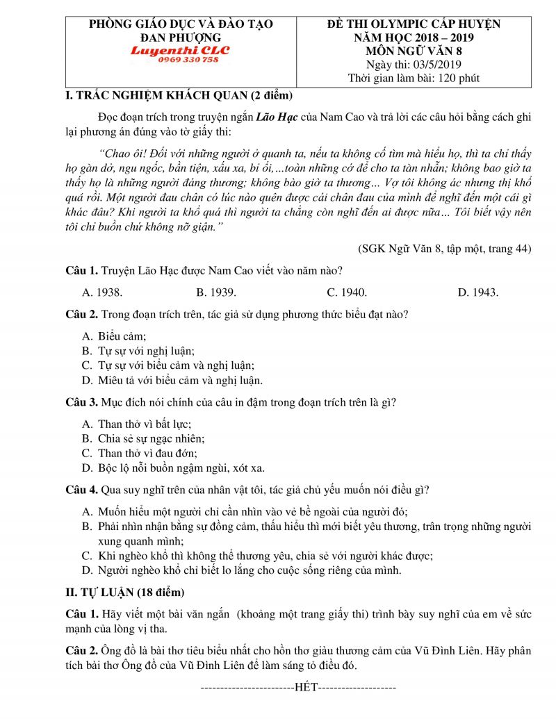 Đề thi chọn HSG m&ocirc;n Ngữ Văn lớp 8 huyện Đan Phượng, H&agrave; Nội năm 2019
