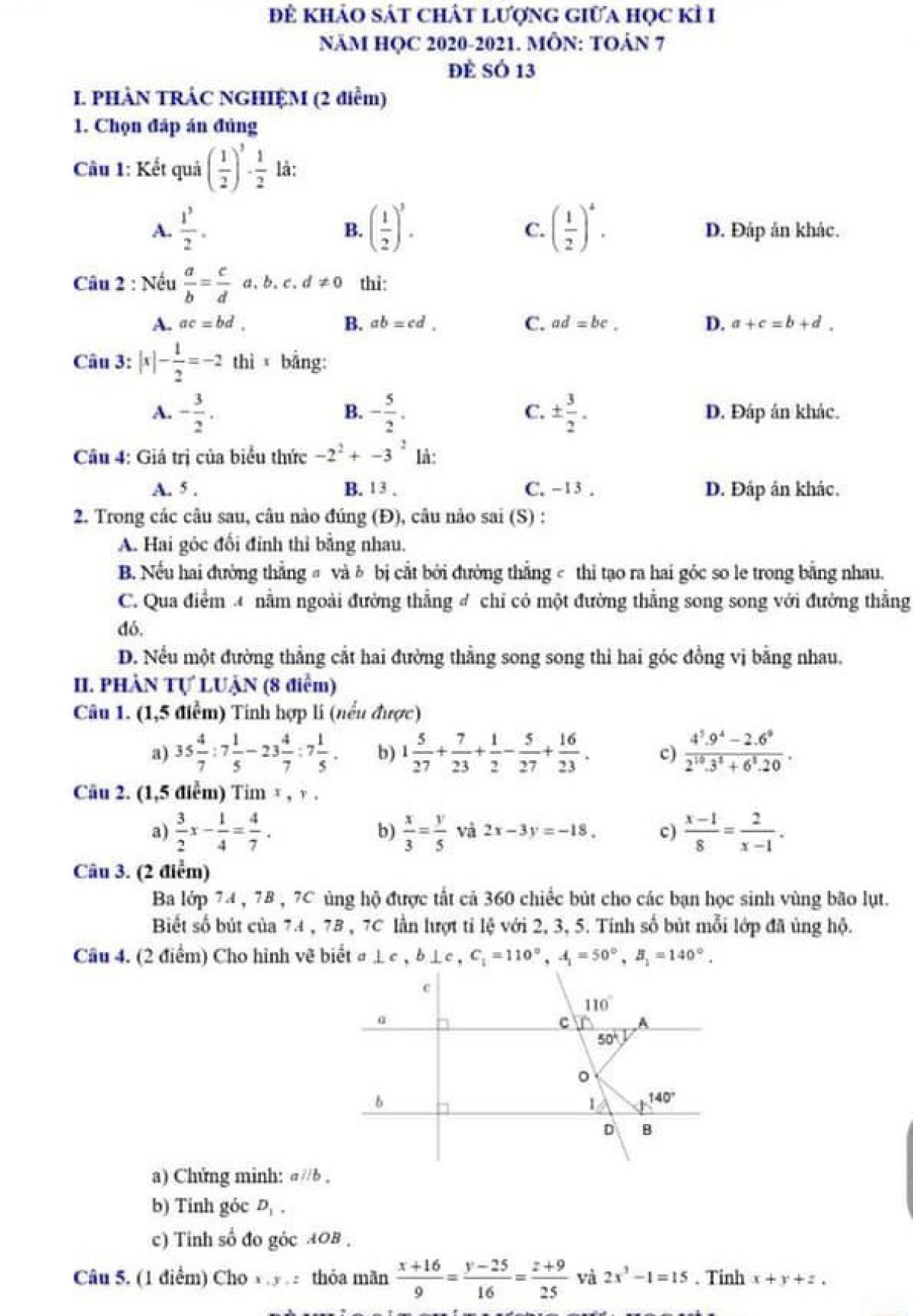 Đề thi khảo s&aacute;t chất lượng giữa học k&igrave; I m&ocirc;n To&aacute;n lớp 7 năm 2021. Đề số 13