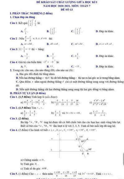 Đề thi khảo sát chất lượng giữa học kì I môn Toán lớp 7 năm 2021. Đề số 13