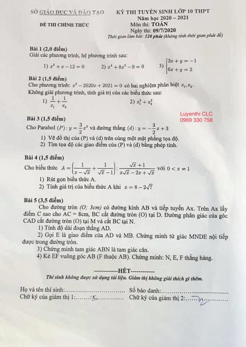 Đề thi m&ocirc;n To&aacute;n- tuyển sinh v&agrave;o lớp 10 THPT năm 2020