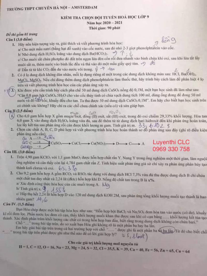 Đề kiểm tra chọn đội tuyển HSG môn Hóa Học lớp 9 Trường THPT CHUYÊN Hà Nội - Amsterdam năm 2020