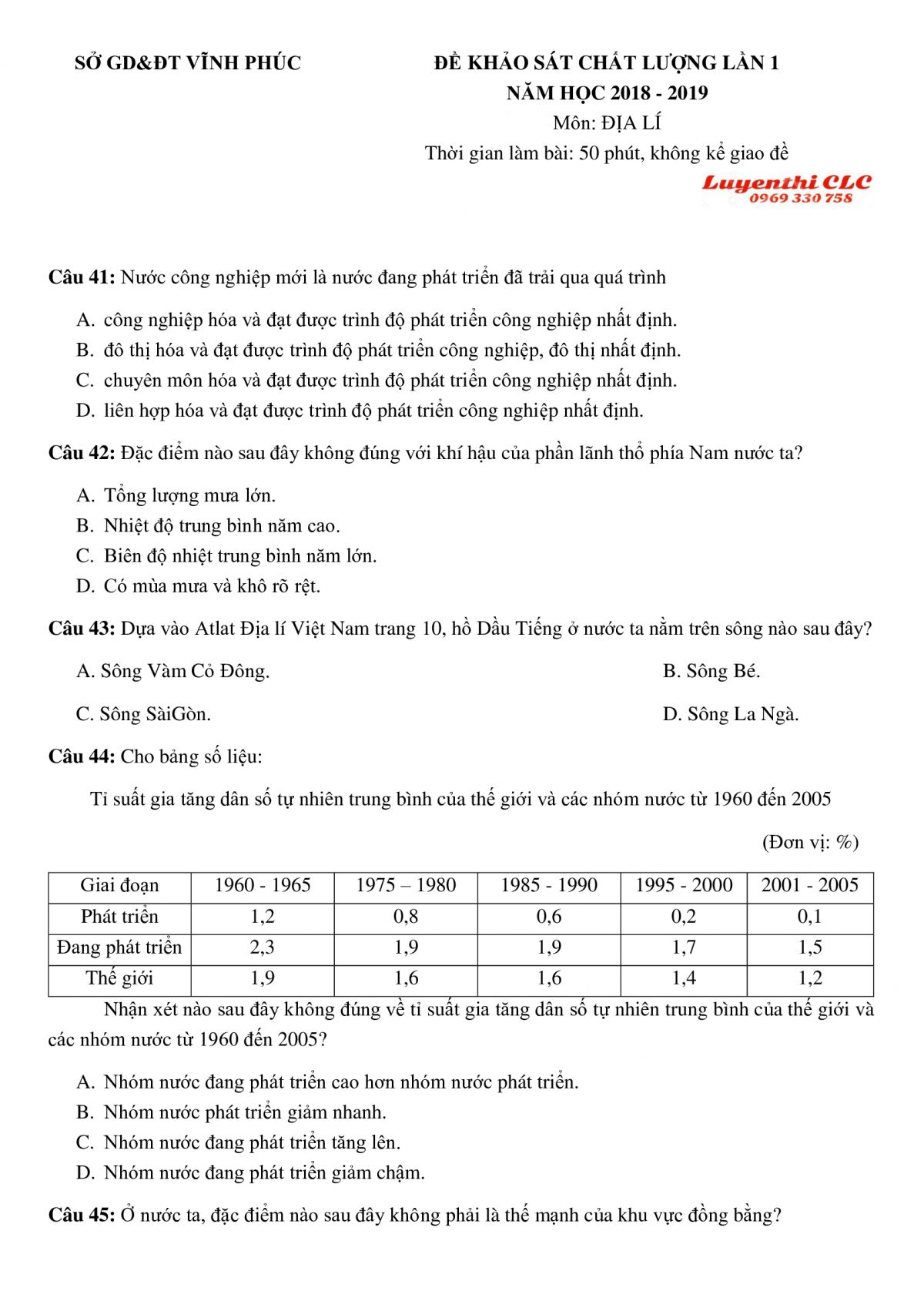 Đề thi khảo s&aacute;t chất lượng lần 1 m&ocirc;n Địa L&yacute; lớp 12 tỉnh Vĩnh Ph&uacute;c năm 2018