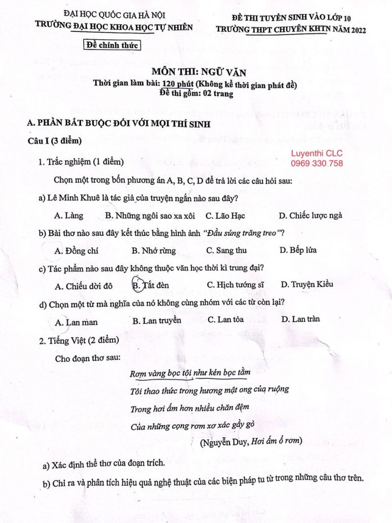 Đề thi tuyển sinh vào lớp 10 môn Ngữ Văn Trường THPT CHUYÊN KHTN Hà Nội năm 2022