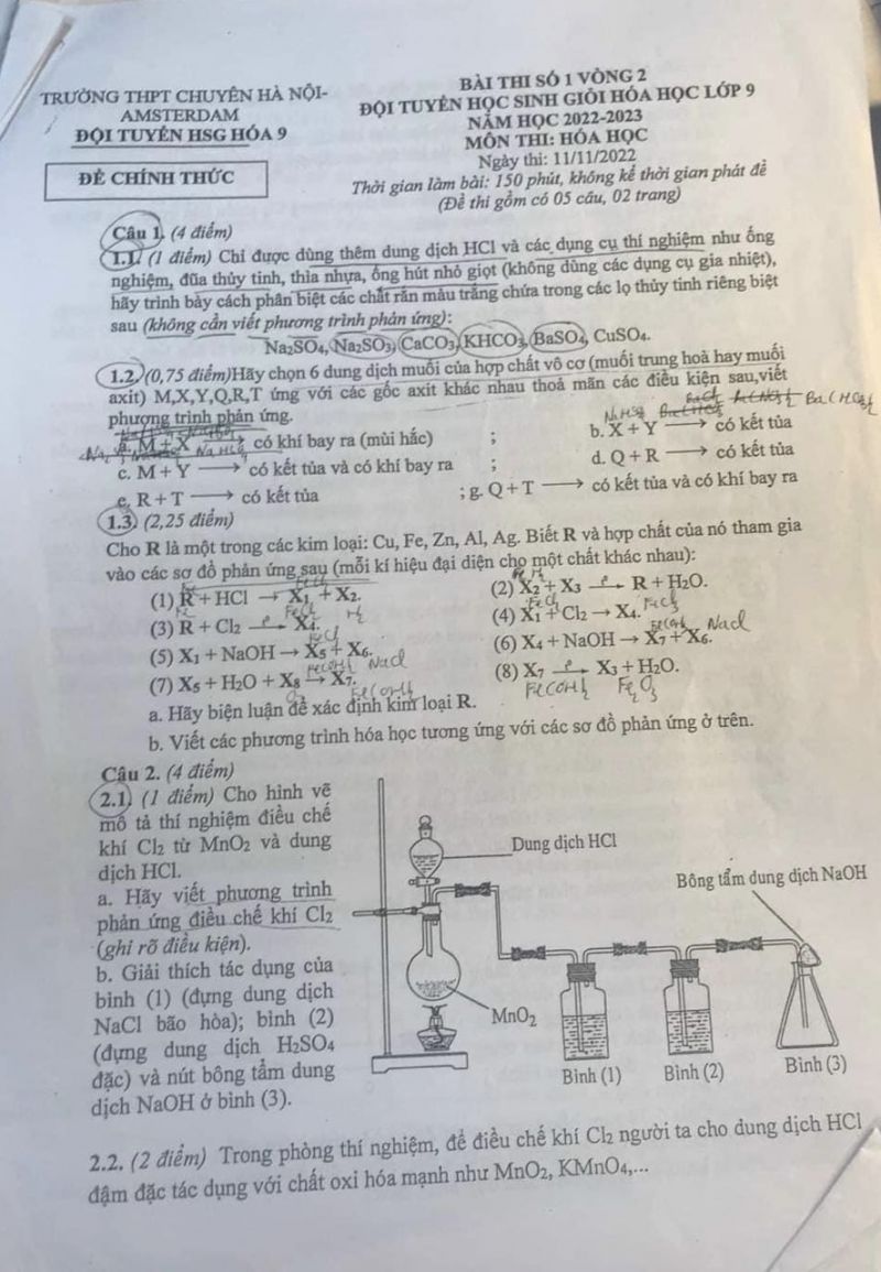 Đề thi chọn đội tuyển HSG môn Hoá Học lớp 9 Trường THPT CHUYÊN Hà Nội - Amsterdam năm 2022