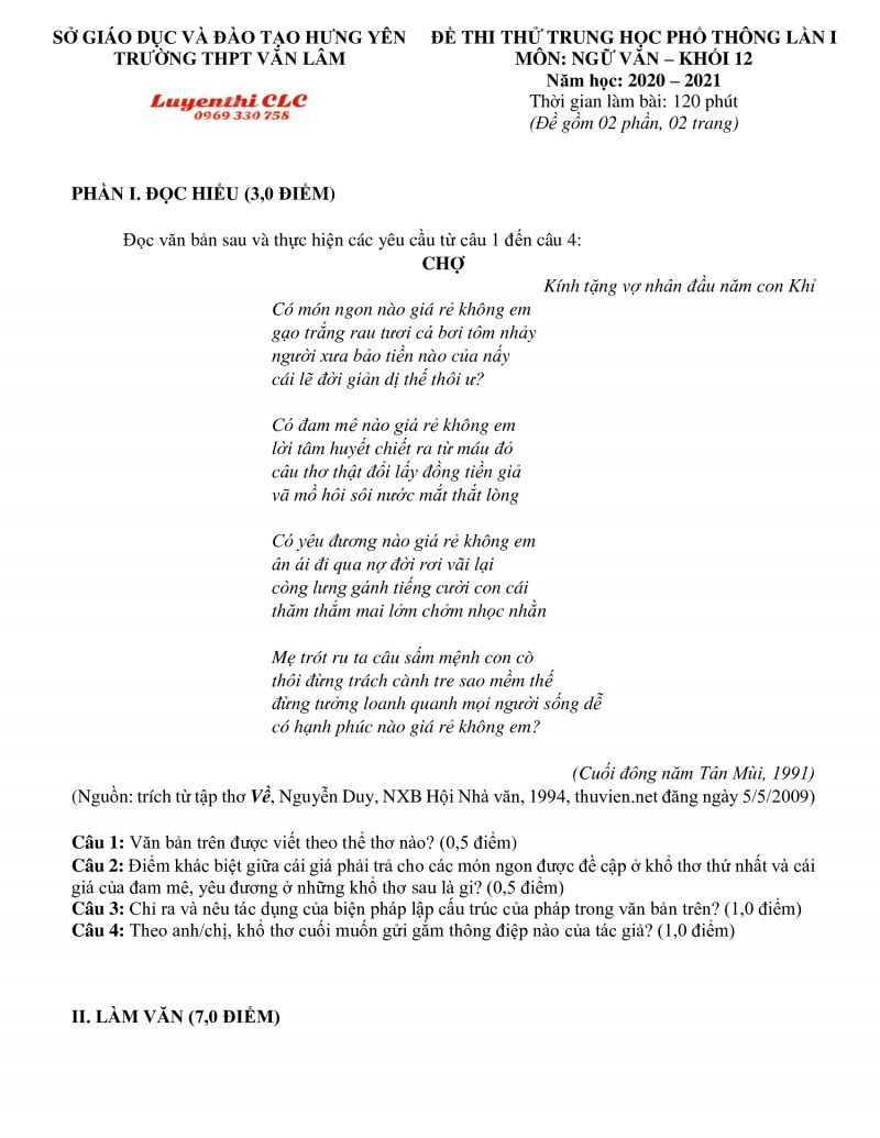 Đề thi thử THPT lần I m&ocirc;n Ngữ Văn khối 12 Trường THPT Văn L&acirc;m, tỉnh Hưng Y&ecirc;n năm 2021