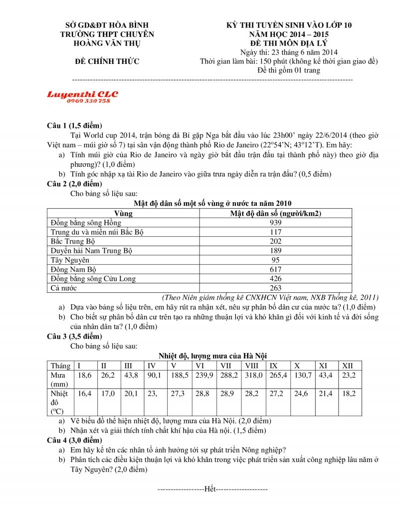 Đề thi tuyển sinh v&agrave;o lớp 10 m&ocirc;n Địa L&iacute; Trường THPT CHUY&Ecirc;N Ho&agrave;ng Văn Thụ tỉnh H&ograve;a B&igrave;nh năm 2014