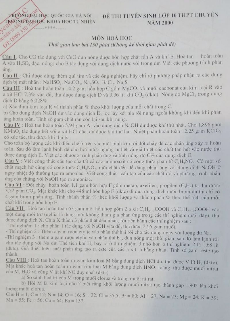 Đề thi tuyển sinh vào lớp  10 THPT CHUYÊN môn Hóa Học Trường THPT CHUYÊN KHTN năm 2000