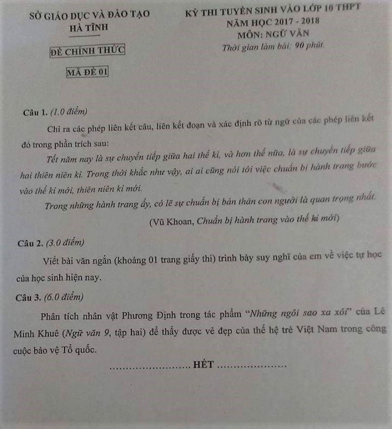 Đề thi tuyển sinh v&agrave;o lớp 10 THPT m&ocirc;n Ngữ Văn tỉnh H&agrave; Tĩnh năm 2017