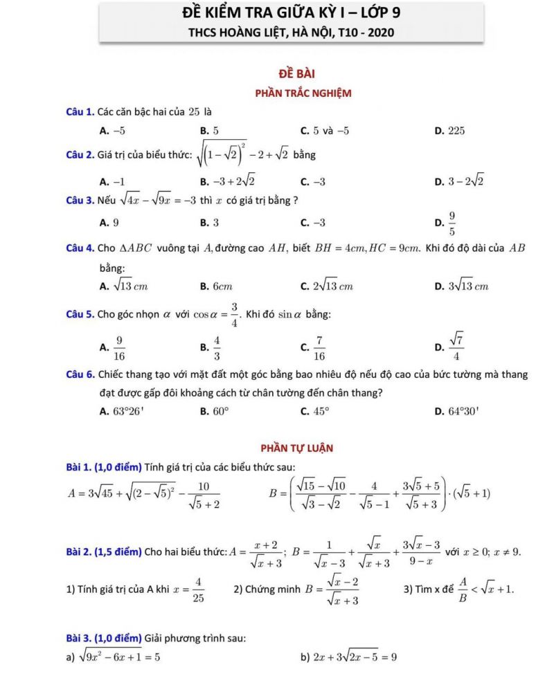 Đề kiểm tra giữa học kì I môn Toán lớp 9 Trường THCS Hoàng Liệt, Hà Nội năm 2020